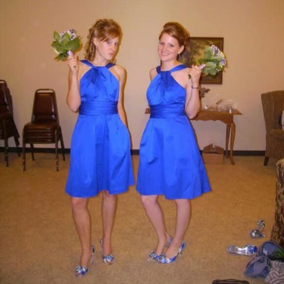 David's Bridal Blue Halter Neck Fit and Flare Short Bridesmaid Dress - Picture 2 of 8